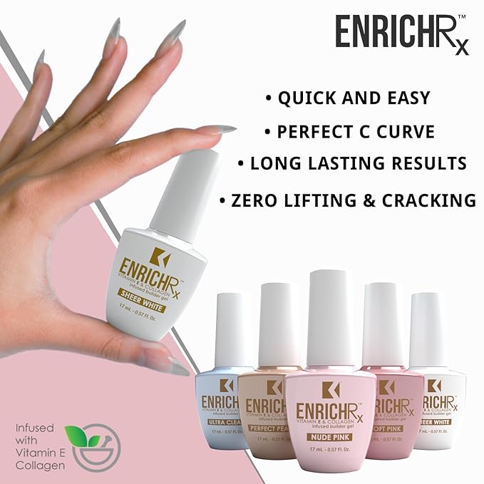 KUPA EnrichRx Builder Gel, Nude Pink, Vitamin E & Collagen Infused, UV/LED Soak-Off Gel Brush On Natural Nail, 0.57 Fl Oz