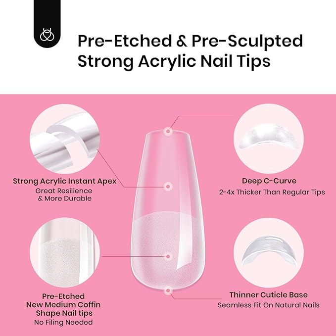 Beetles Tipex Gel Nail Kit with 224Pcs 16Sizes Medium Coffin Apex Nail Tips C Curved , Pre-building Acrylic Nails with Tipex Nail Glue，Mini Nail Lamp, Nail File for DIY Nails or Salon Use
