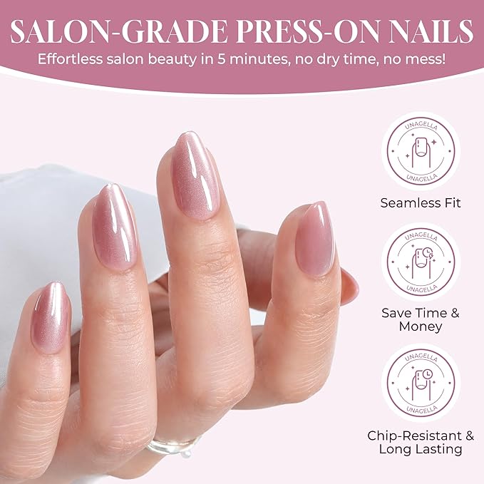 UNA GELLA Cat Eye Press On Nails: Almond Soft Gel Press Ons Short Kit with Nail Tips Glue on Nails, 16 Sizes - 32 Reusable Chrome Fake Nails Kit, Pink Rose