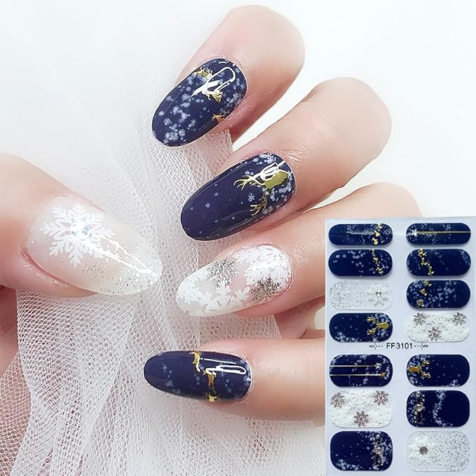 4 Sheets Christmas Nail Wraps Stickers 5D Charms White Snowflake Gel Nail Stickers Strips Self-Adhesive Winter Holiday Full Wraps with Xmas Trees Elk Reindeer Nail Polish for Women Acrylic Nails DIY