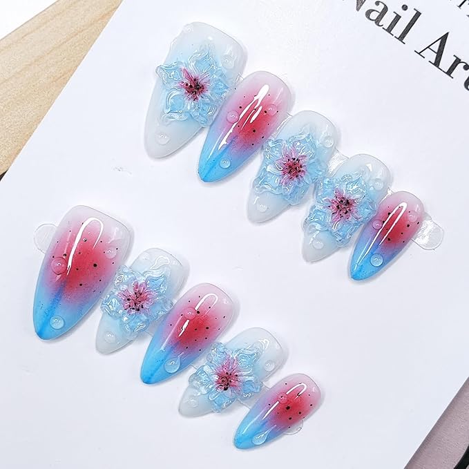OCOUYVD Blue Almond M Medium Almond False Nails 10pcs Handmade Luxury 3D Flower Gel Acrylic Nails Full Cover Stick on Nails for Women DIY Manicure