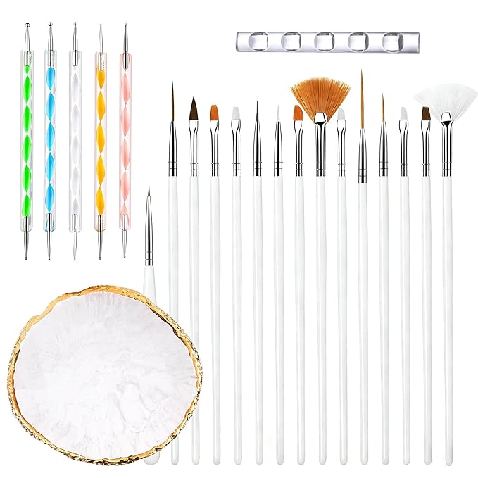 22PCS Nail Art Tools Kit, Nail Brushes Set with Dotting Tools, Palette, Transparent acrylic pen holder, Professional Nail Design Brushes for Nail Painting, Drawing, Detailing - White