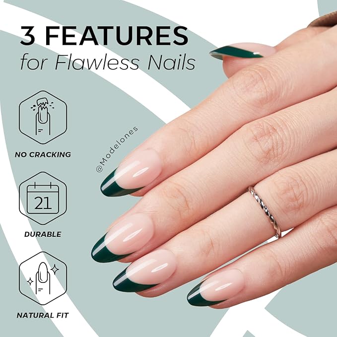 Modelones Green French Tip Press on Nails Almond, St Patricks Day Spring Short Almond Fake Nails, Nail Kit with Nail Glue Adhesive Tabs Mini Nail File, Nails Press Ons 32Pcs16 Sizes