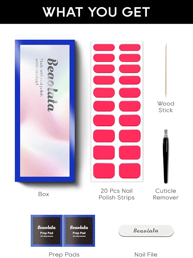 Semi Cured Gel Nail Strips - UV Light Gel Nail Stickers - 20 Long Lasting Salon Quality Wraps (Sizzling Pink)