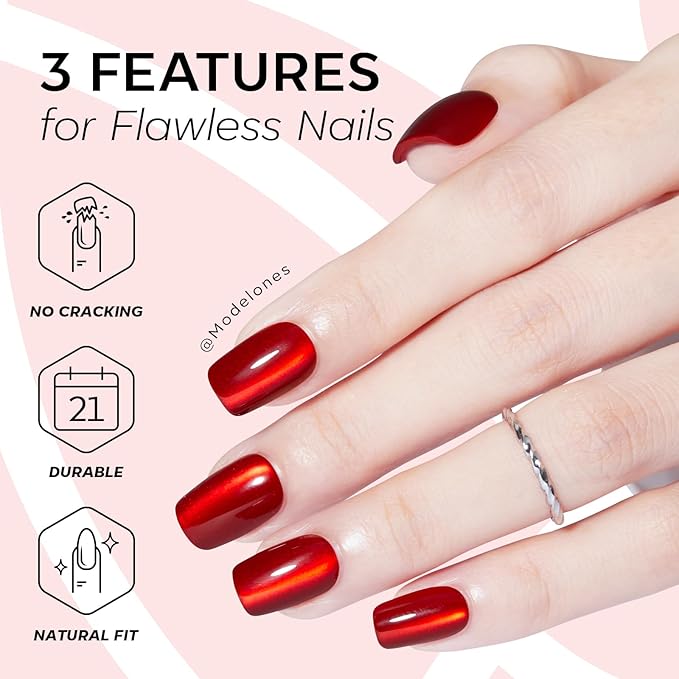 Modelones Red Cat Eye Press on Nails, Spring Short Square Fake Nails, Reusable Nail Kit with Nail Glue Adhesive Tabs Mini Nail File, Nails Press Ons 32Pcs16 Sizes, Women Girl Gift