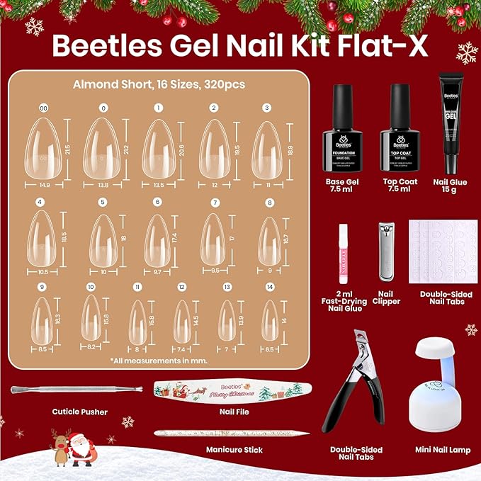 Beetles Gel Nail Kit Flat-X, Almond Short, 320pcs 16 Sizes, with 15g Hands-free Solid Nail Glue Gel, Mini Lamp, Christmas Limited Set, Pre-Etched Half Matte Nail Extension Set for Home DIY
