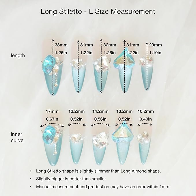 Luxury Long Stiletto Press-On Nails, Turquoise Blue Stiletto with 3D Crystals and Pearls, Handmade False Nail 10 Pieces (Large, LS)