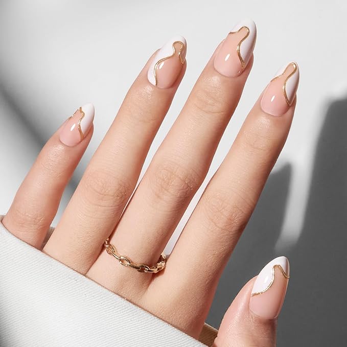 Modelones French Tip Press on Nails Almond, Short Fake Nails, Semi-Transparent Soft Nail Kit with Nail Glue Adhesive Tabs Nail File, Spring Nails Press Ons 30Pcs 15 Sizes, White Lines French
