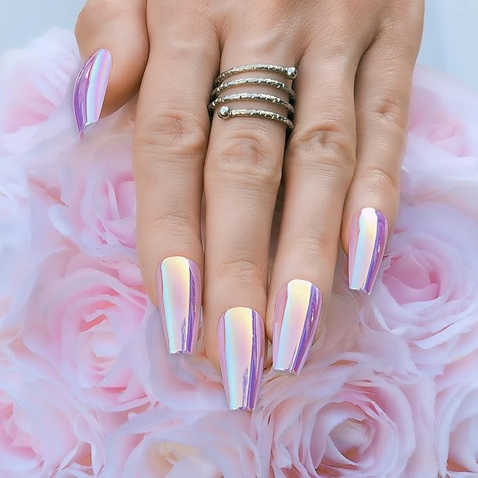 Hypnaughty 24 Pcs Party Star Chrome Coffin Medium Long Press On Nails and Glue Reflective Mirror False Nails (Party Star)