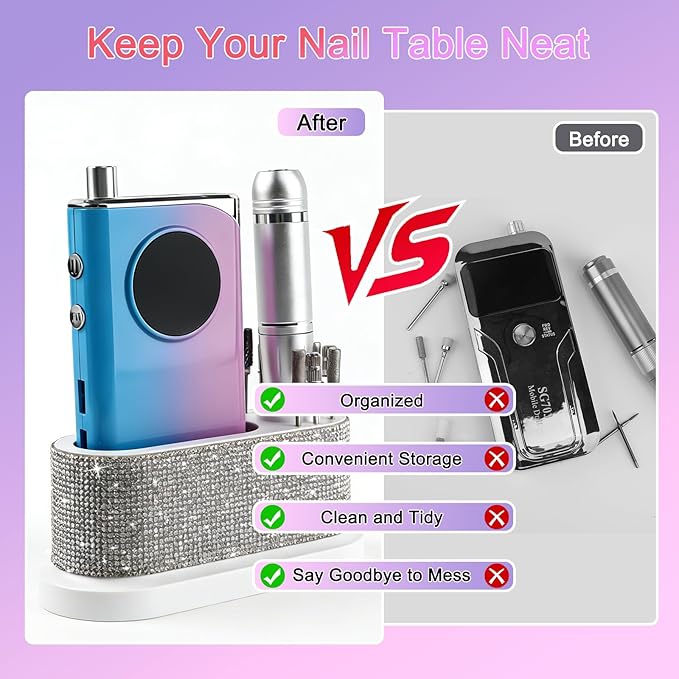 ANGNYA Nail Drill Machine Holder with White Rhinestones, 8 Holes Nail Drill Bit Holder, Nail Efile Stand and Organizer Storage Box Case
