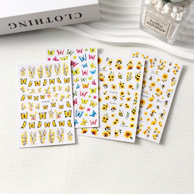 Stickers para Uñas Nail Stickers Self-Adhesive Sticker Butterfly Flower Calcomanías para Uñas Bee Colorful Floral Art Design Accessories Hight Quality 8 Sheets