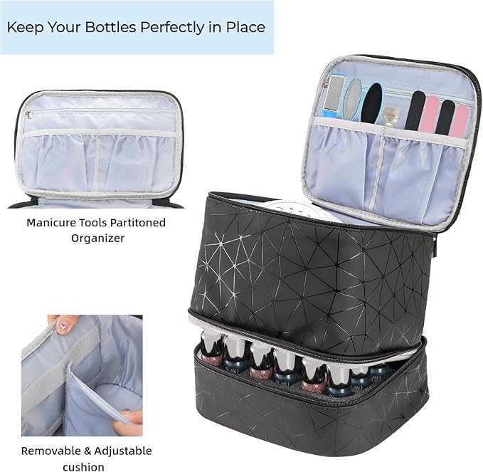 ZOOFOX Nail Polish Organizer Case, Double-Layer Nail Polish Carrying Bag with Handle, PU Leather Nail Organizers and Storage Bag for Manicure Accessories