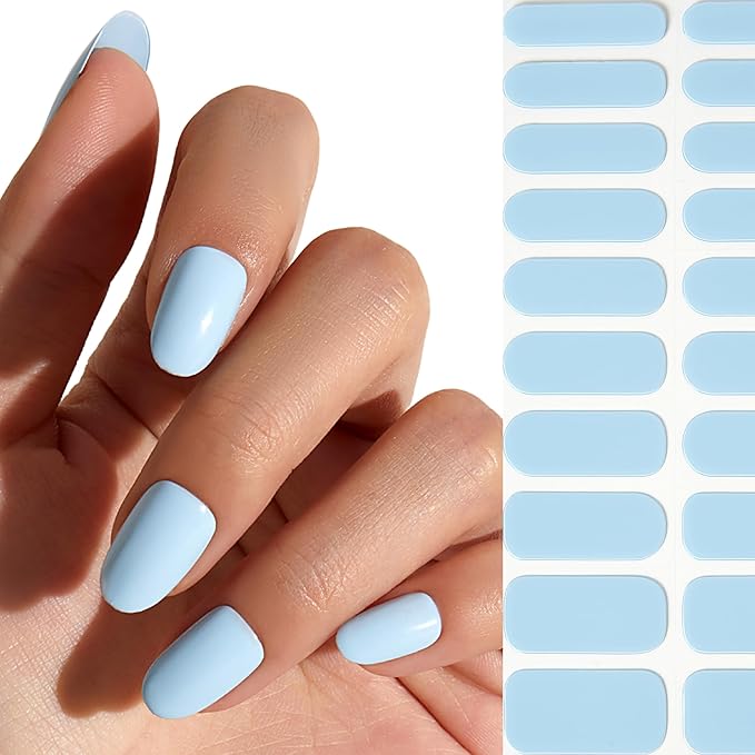 Semi Cured Gel Nail Strips - NAILOG 20 Pcs Blue Nail Stickers Extra Long Wraps with Glossy Gel Finishing for Summer, Baby Blue