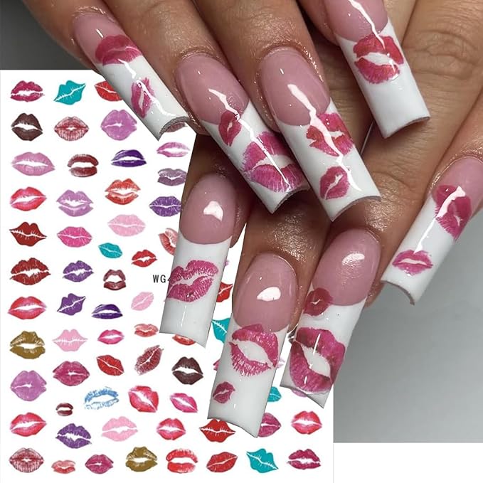 6 Sheets Valentines Day Nail Stickers for Nail Art Kit Sexy Red Lip Nail Decals 3D Self-Adhesive Colorful Lip Nails Design Valentines Nail Art Supplies for Women DIY Acrylic Manicure Salon