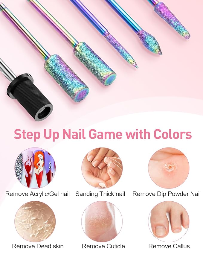 Subay Electric Nail Drill, Portable Electric Nail File for Acrylic Gel Nails, Manicure Pedicure Tool with 6 Bits and 26 Sanding Bands for Home and Salon Use - Pink