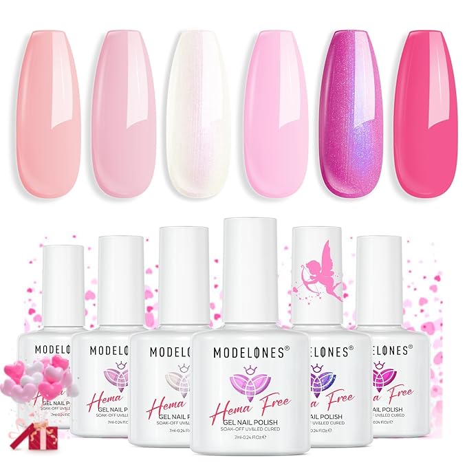 modelones Pink Gel Nail Polish Set,Hema-Free Light Pink White Hot Pink Gel Polish Kit Magenta Purple Shimmer LED 6 Colors 2026 Spring Easter Nail Art Gift Salon DIY Starter Kit