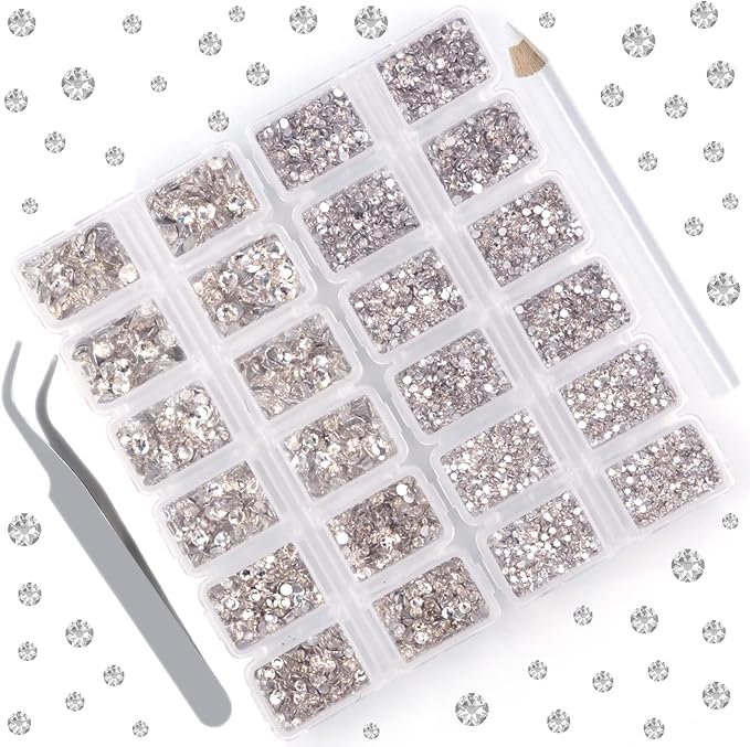 10000 Pieces Rhinestones 6 Sizes Round Crystal Glass Flat Back Rhinestones with 1Tweezers and 1Picking Pen for Nail Art Crafts Clothes Bags DIY (Clear)