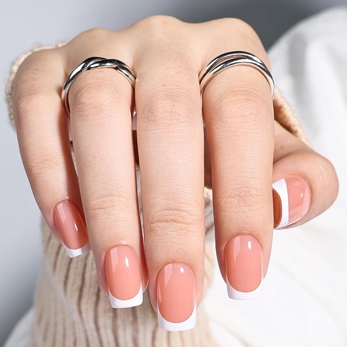 French Tip Press On Nails - Short Square Peach-toned Nude Press on Nails Glossy Nails Press Ons for Women DIY Fake Nails Kit with Glue, Reusable Glue on Nails in 16 Sizes - 32pcs, Peach Tip