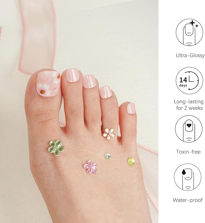DANNI & TONI Semi Cured Gel Toenail Strips (Flowers) Nude Gel Toenail Stickers Petals Glazed Pedi 37 Stickers