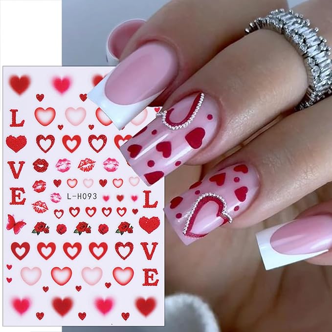 6 Sheets Valentines Nail Stickers for Nail Art Romantic Heart Nail Art Stickers Red Lips Rose Nail Decals 3D Self-Adhesive Envelope Love Hearts Valentine Nail Decorations for Women DIY Holiday Nails