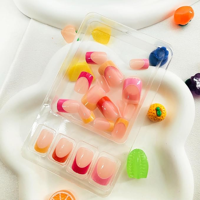 Colorful French Tip Press on Nails Short Square Fake Nails Press ons Cute Rainbow Glossy Full Cover Glue on Nails Nude False Nails Acrylic Stick on Nails for Women Girls 24 Pcs