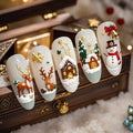 30Pcs Christmas Press on Nails Medium Almond Fake Nails Xmas Snowman False Nails with Gold Designs White Glossy on Nails Elk House Stick on Nail Full Cover Acrylic Nail for Women Manicure