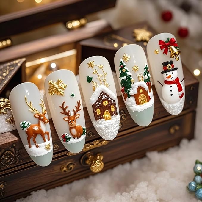 30Pcs Christmas Press on Nails Medium Almond Fake Nails Xmas Snowman False Nails with Gold Designs White Glossy on Nails Elk House Stick on Nail Full Cover Acrylic Nail for Women Manicure