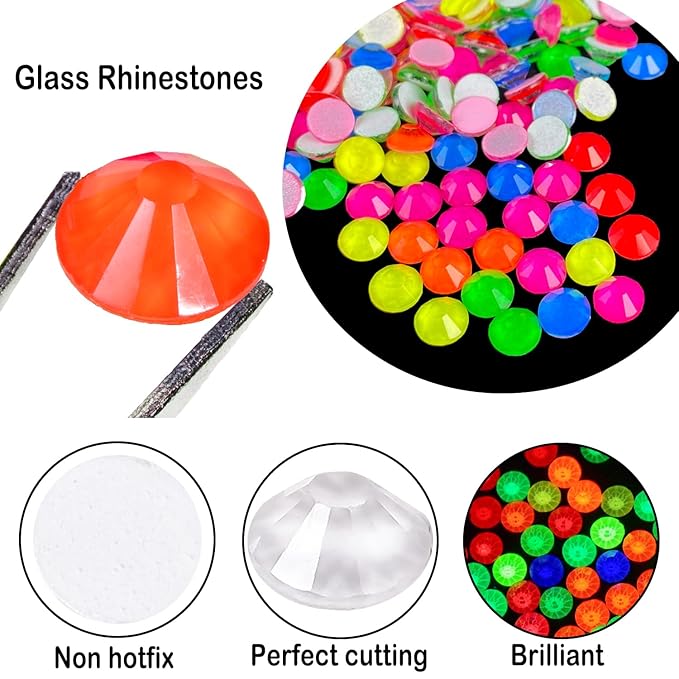 Flatback Glass Rhinestones,Bedazzler Gems 1440pcs Non Hotfix Crystal Rhinestones for Nail Charms Crafts Clothes Tumblers,Mixed Neon,SS10