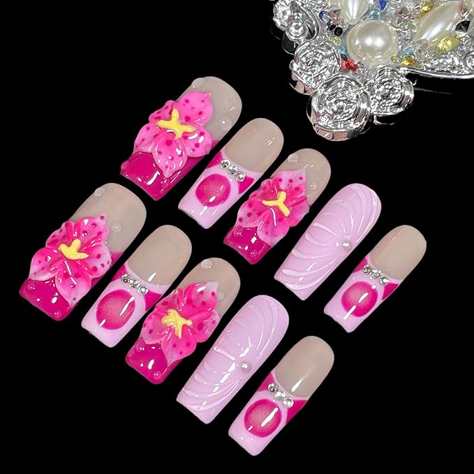 Handmade Press On Nails, Medium Long Square, 3D Floral Design, Nude Base with Rose Red Flowers, Rhinestone Accents, Reusable Acrylic False Nails (Duo Blossom, S)