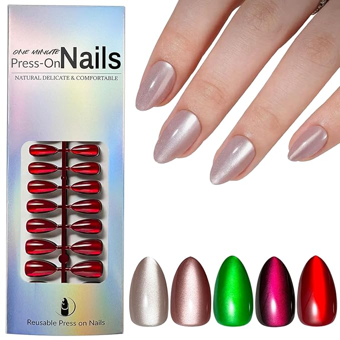 150Pcs Cat Eye Press on Nails Medium Almond Fake Nails 5 Color Glitter Soft Gel Stick on Nails Full Cover Glossy Acrylic Glue on Nail Reusable Shiny False Nails for Women DIY Nail Art Manicure 15Size