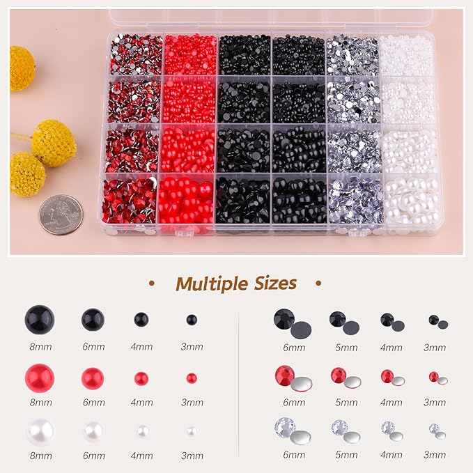 14000PCS Flatback Pearls and Rhinestones for Bedazzling, Red White Black Mixed Size 3-10mm Resin Rhinestones Gems and Half Pearls for Crafting, Nail Art Crafts Decoration