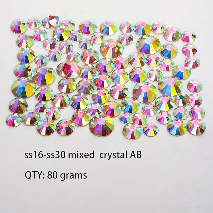 Genie Crystal 4,5,6.4 mm Mixed Size Flatback AB Rhinestones 80 Grams, ss16,ss20,ss30 Aurora Borealis Glass Rhinestone for Tumbler, Shoes, Makeup, Nail Art, Dance Costumes, Dress, DIY Bling Crafts