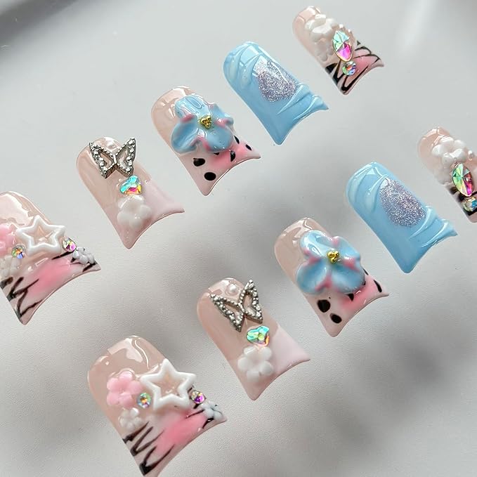 Luxury Press on Nails Short Duck Handmade 3D Unique Reusable ABS Material Fake Nails Pink French Tip False Nails with Designs Flower Butterfly Rhinestones Glossy Glue on Nail Thick Acrylic Nail(S)
