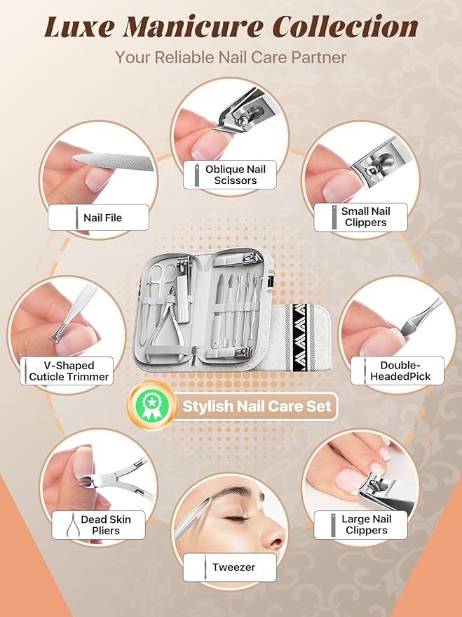 Manicure kit for Women – Nail Clippers, Cuticle Trimmer, Tweezers, Metal File, and Travel Case – Professional-Quality Tools for Home, Travel, or Gift Use