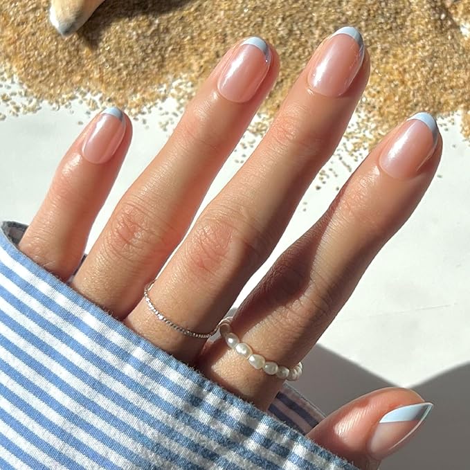 Glamnetic Press On Nails - Into Blue | Glazed Short Oval Fake Nails with Periwinkle French Tips, Salon Quality Summer Nails | 15 Sizes - 30 Nail Kit with Glue