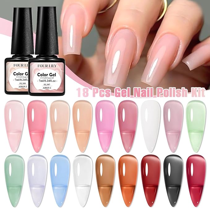 Jelly Gel Nail Polish Set, 18 Colors Translucent Nude Pink Milky White Red Gel Polish Sheer Crystal Ice Nail Polish Set for Nail Salon DIY Home Holiday Gifts for Her