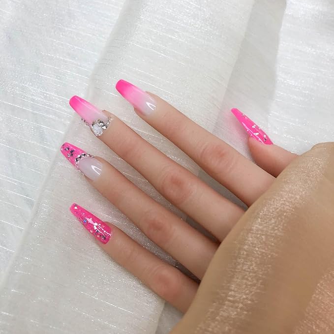 2025 Handmade Reusable Medium Pink Gradient Press-On Nails French Stickers Rhinestones Full Coverage Fake Nails for Women (Gradient Pink, Short)