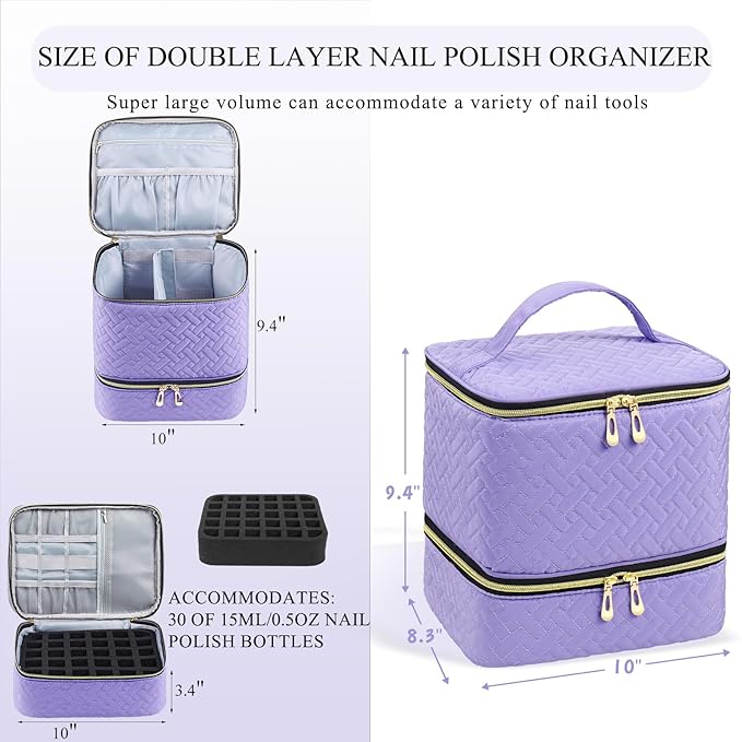 Nail Polish Organizer, Nail Polish Storage Holds 30 Bottles & Nail Lamp, Double Layer Nail Bag Organizer Case, Portable Nail Polish Holder for Nail Tech Travel & Manicure Kit