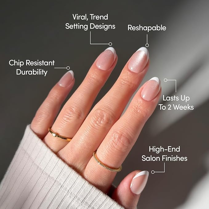 Valentines Day Glamnetic Press On Nails - Angelic Touch | Short Oval Fake Nails in a Delicate Nude Base with White French Tips and a Velvet Finish | 15 Sizes - 30 Nail Kit with Glue