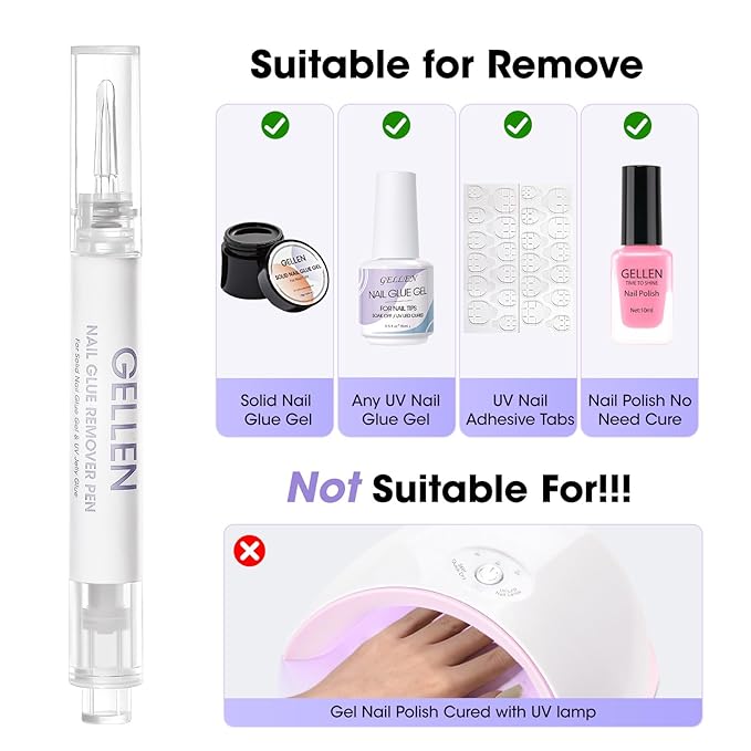 Gellen Nail Glue Remover, 2 Pcs Nail Glue Remover for Press on Nails, Non Acetone Gel Glue Off Remover, 10s Quick Remove for Nail Tips Fake Nails Solid Glue Gel