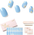 Semi Cured Gel Nail Strips - NAILOG 20 Pcs Blue Flowers Nail Stickers Extra Long Wraps with Glossy Gel Finishing for Spring Summer, Petals in The Wind