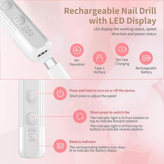 Electric Nail File Set,Professional 3 Speeds Cordless Electric Nail Drill Kit for Acrylic Gel Nails,12 in 1 Manicure and Pedicure Tools for Home Salon(White)
