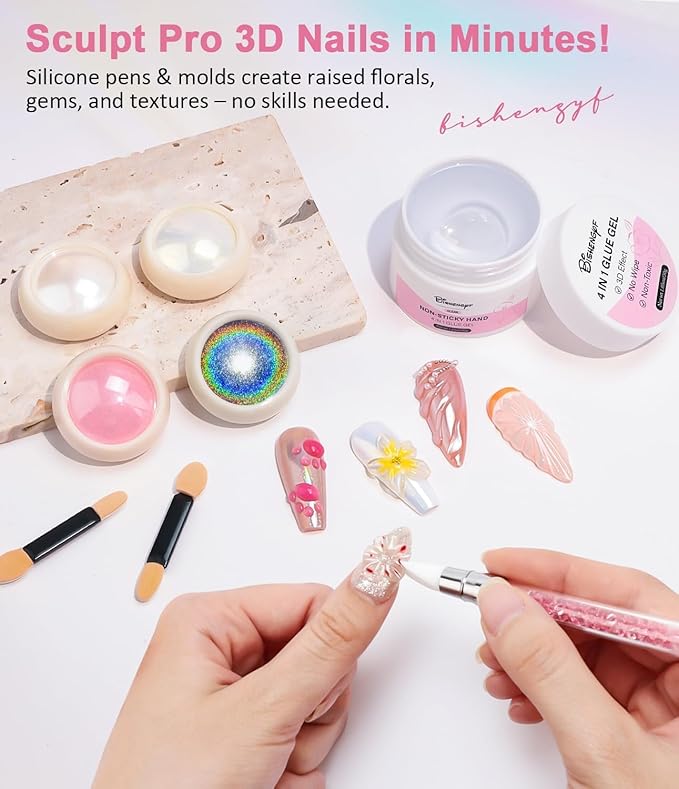 Solid Builder Gel for Nails BISHENGYF: Clear Non-Sticky Hand 3D Sculpting Modeling Carving Hard Gel with Mermaid Holographic Laser Pearl White Pink for Manicure Salon UV Home DIY