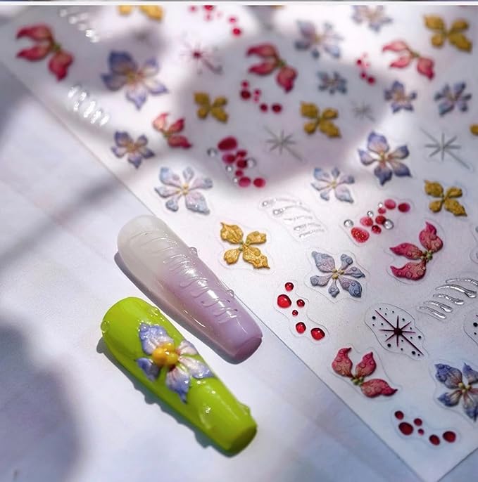 Dedyel Colorful Flower Nail Stickers 5D Embossed Self Adhesive Nail Stickers Spring Summer Flower Design Nail Art Decoration for Women Girls Kids