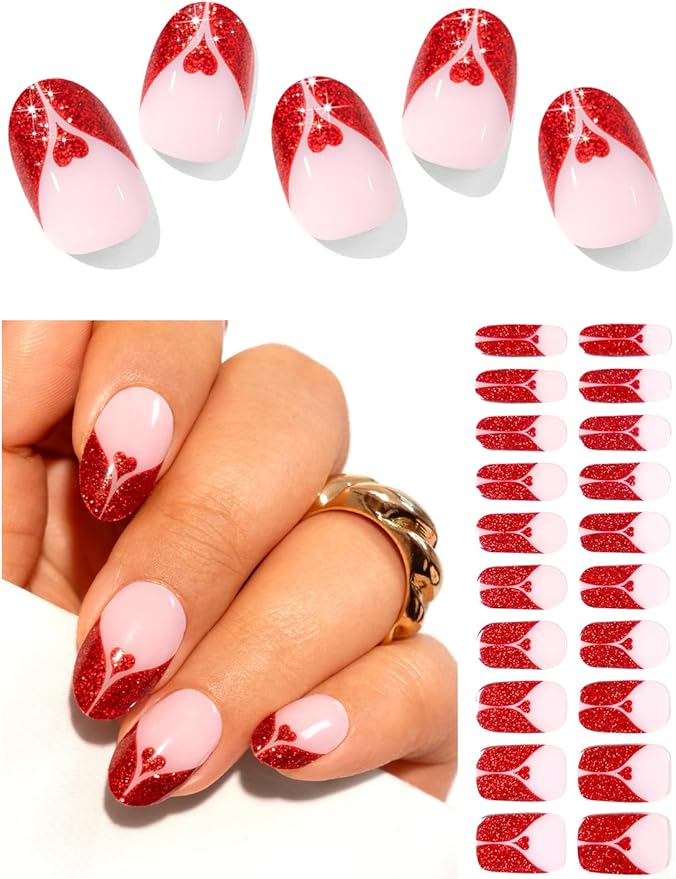 Semi Cured Gel Nail Strips (Red Glitter Heart), Valentine's Day French, 20 Pcs Gel Nail Wraps, Stickers, Works with Any UV Lamps