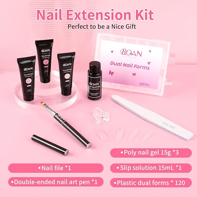 BQAN Poly Nail Gel Kit,3 Colors Poly Extension Gel With Dual Forms Builder Extension for Nail Tech DIY at Home Manicure Set (Pink&Nude)