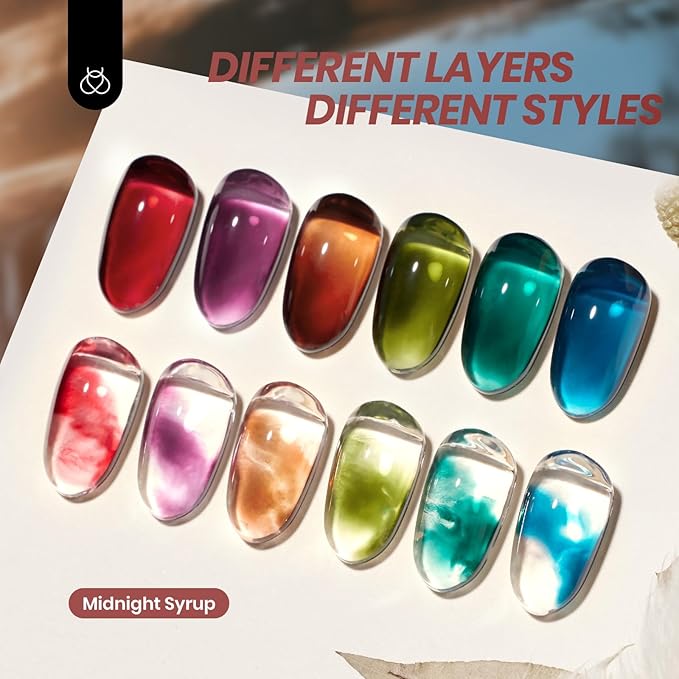 Beetles Midnight Syrup Jelly Gel Nail Polish Set - 6 Colors Jelly Gel Polish Kit Mocha Brown Burgundy Red Purple Green Blue Sheer Translucent Effect Soak Off UV Nail Art Manicure Gift for Women
