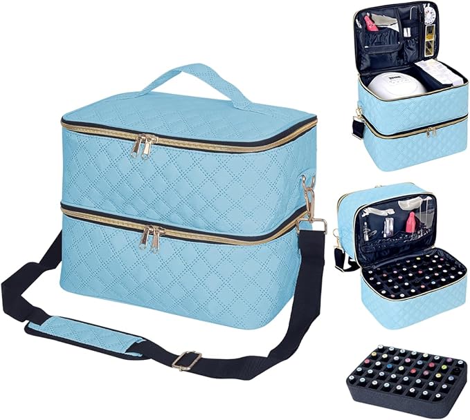Nail Polish Organizer Case Holds 40 Bottles(15ml/0.5fl.oz) and Nail Lamp, Double Layer Nail Polish Storage with Adjustable Dividers,Portable Carrying Bag for Nail Kit, Manicure Tools Sky Blue