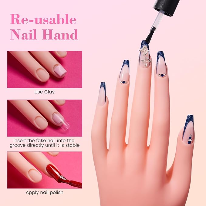 Practice Hand for Acrylic Nails, Flexible Nail Mannequin Hands for Nails Practice, Bendable Training Fake Hand Manicure for Nail Art Beginners