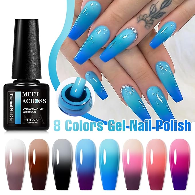 MEET ACROSS 8Pcs Color Changing Gel Nail Polish Set Fall Winter Nude Brown Grey Temperature Mood Changed Gel Polish Blue Pink Nail Art Design Gifts for Women Girls